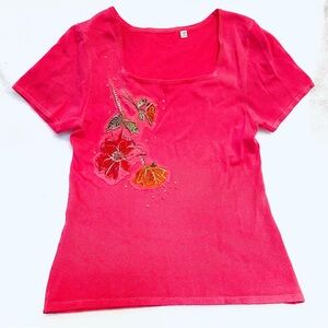 Vintage Y2K Hot Pink Embroidered Floral Top Square Neck Beaded Knit Small